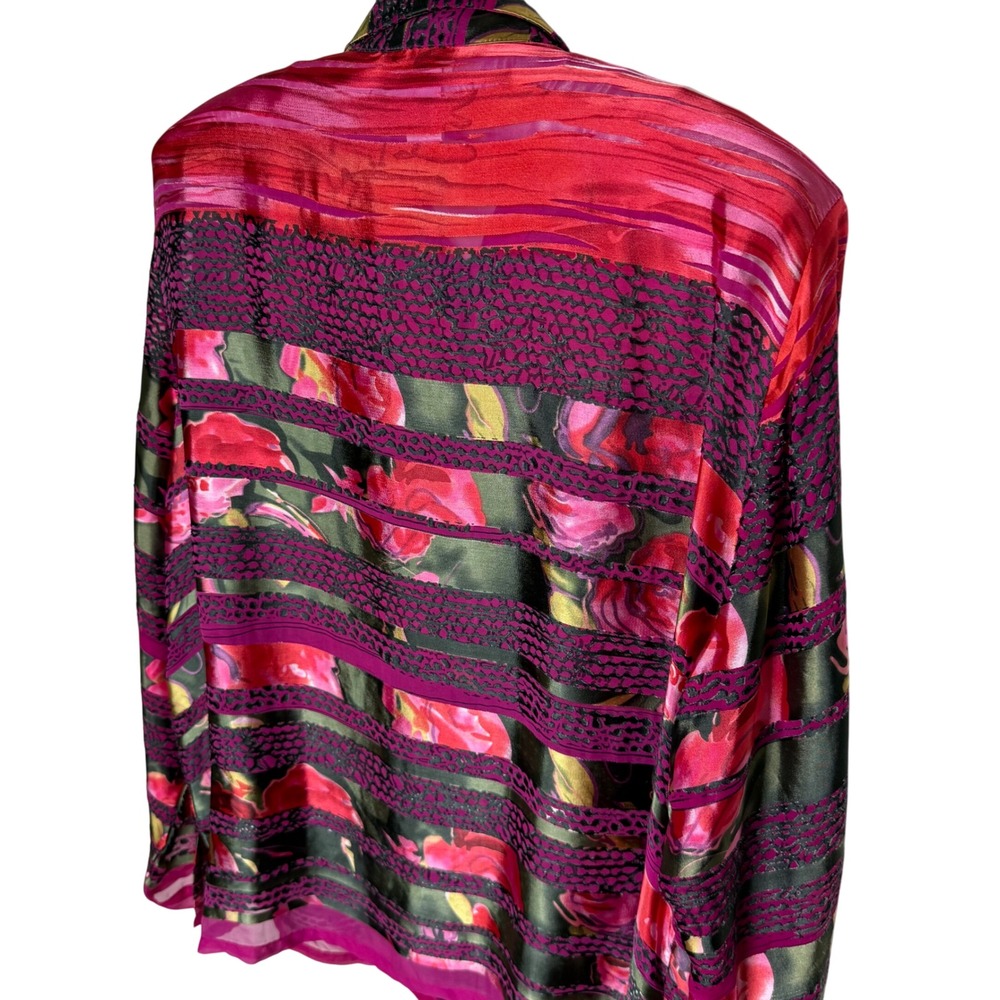 Coldwater Creek Blouse Size 2X Floral Striped Silk Rayon Semi-Sheer Button Down - Picture 5 of 12